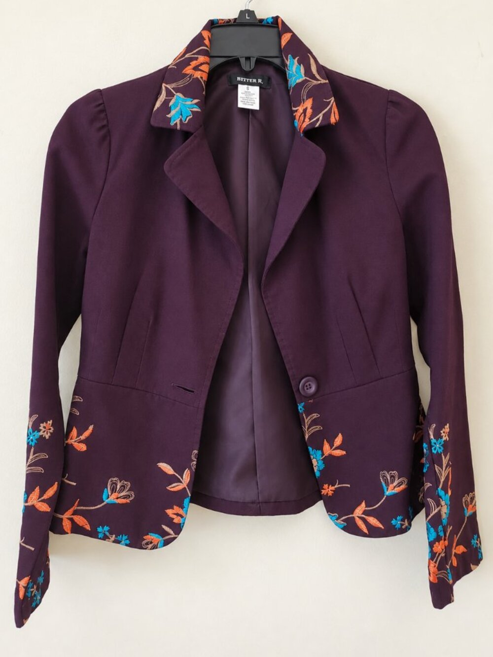 Better B Deep Plum Embroidered Long Sleeves Fitted Blazer SZ S